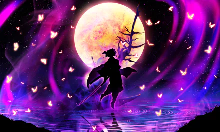 HD desktop wallpaper featuring Shinobu Kochou from Demon Slayer: Kimetsu no Yaiba, set against a vibrant moonlit backdrop with floating butterflies.