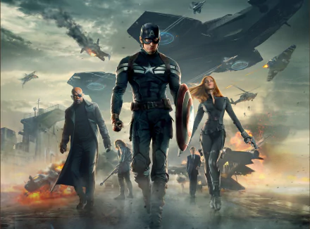 8K Ultra HD wallpaper featuring Captain America, Black Widow, Nick Fury, Winter Soldier, and other key characters from Captain America: The Winter Soldier movie.