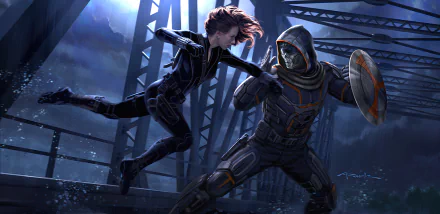 HD PC desktop wallpaper showing Natasha Romanoff (Black Widow) leaping to strike Taskmaster on a rain-slick industrial bridge in a cinematic movie-style action scene.