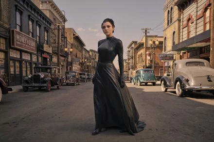 Natalie Dormer stands in a vintage city street scene from the TV show Penny Dreadful: City of Angels, captured in a 4K Ultra HD desktop wallpaper.