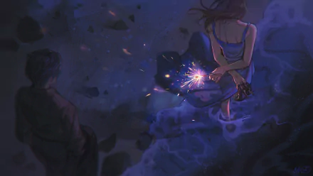 Anime-style HD desktop wallpaper depicting a nighttime scene with a girl holding sparklers near water, creating a glowing, magical atmosphere.