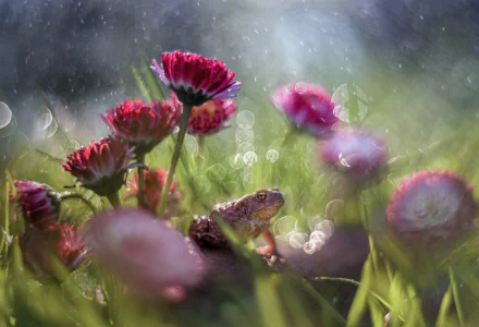  Frog hidden among the flowers in the rain