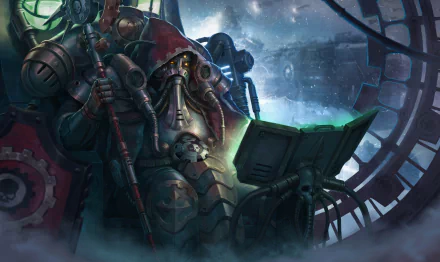 4K Ultra HD Warhammer 40k PC wallpaper featuring a dark, atmospheric scene with armored figures and futuristic machinery in a sci-fi setting.