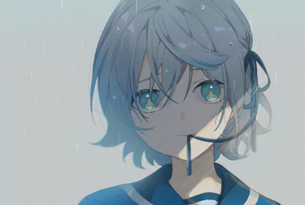 HD anime original desktop wallpaper featuring a close-up of a blue-haired character with glowing eyes in a rainy, muted background.