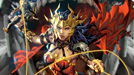 4K Ultra HD DC Comics wallpaper featuring Wonder Woman in battle armor with a golden crown and red cape, wielding a spear amid dynamic fiery and smoky background.