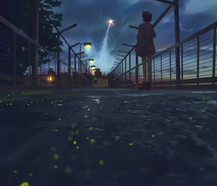 HD desktop wallpaper featuring a scene from 5 Centimeters per Second by Makoto Shinkai, showcasing a character on a nighttime bridge. Tagged with Takaki Touno, Anime.