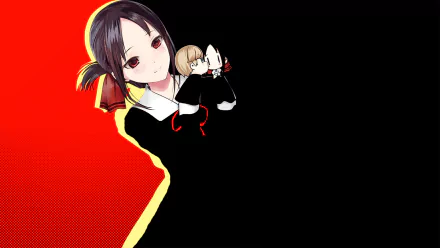 HD PC desktop wallpaper of Kaguya Shinomiya from the anime Kaguya-sama: Love is War, featuring her in a black outfit against a vibrant red background.