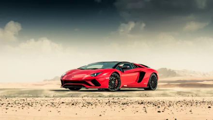 HD desktop wallpaper featuring a red Lamborghini Aventador S supercar parked on a desert landscape under a cloudy sky.