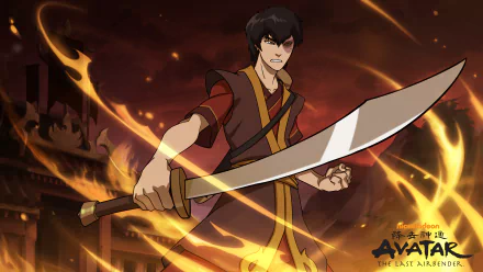 4K Ultra HD PC wallpaper of Zuko (Avatar) brandishing a curved blade amid Susano (Smite)-style swirling flames, video game crossover background.