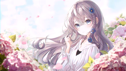 A 4K Ultra HD anime original artwork featuring a serene girl with long flowing hair surrounded by soft pink flowers, designed as a PC desktop wallpaper background.
