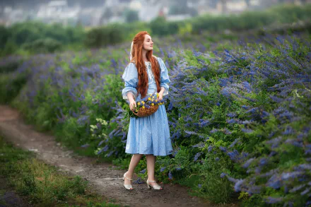 depth of field blue dress long hair redhead model woman mood HD Desktop Wallpaper | Background Image