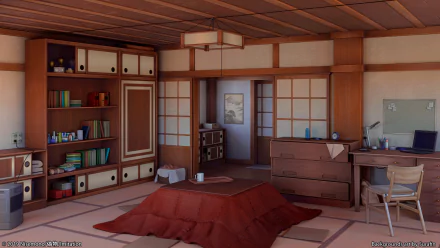 HD anime room wallpaper showing a cozy, traditional Japanese-style room with wooden furniture, shelves, a chair, and a low table covered by a blanket.