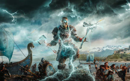 4K Ultra HD PC wallpaper of the video game Assassin's Creed Valhalla: Viking warrior on a rocky shore, axes raised amid lightning, longships and raiders clashing under stormy skies.