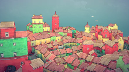 HD Townscaper game wallpaper featuring a colorful, whimsical town with assorted houses and towers overlooking the sea.