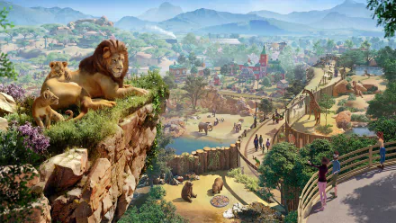 HD Planet Zoo wallpaper featuring a detailed zoo landscape with lions on a cliff and visitors enjoying the view.