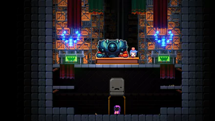 HD desktop wallpaper of Exit The Gungeon game, featuring a pixel art scene with a character in a gun-filled library environment.