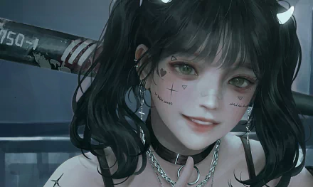 HD desktop wallpaper featuring an original anime character with dark hair in pigtails, adorned with facial tattoos and piercings, smiling against a background with bold, vivid details.