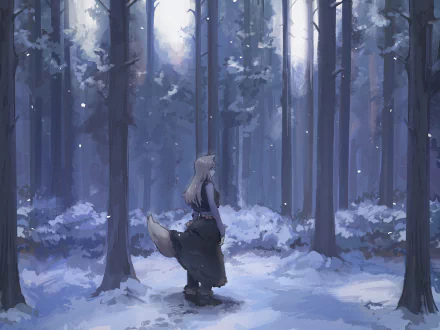 HD PC wallpaper of Holo (Spice & Wolf): anime scene of her with fox ears and tail standing in a quiet, snow-covered forest beneath tall trees.