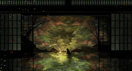 Anime-style HD original desktop wallpaper depicting a serene, reflective water scene viewed through traditional sliding doors at dusk.