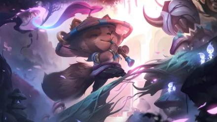 Teemo from League of Legends plays a flute amid glowing mushrooms in a vibrant, detailed fantasy landscape, captured in 4K Ultra HD video game wallpaper style.