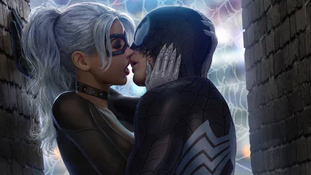 Black Cat and Spider-Man share a close moment in this 4K Ultra HD comic-style wallpaper, capturing the iconic Marvel Comics duo in an intimate scene.