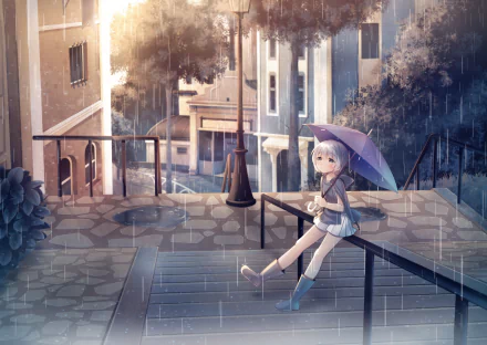 Anime-style HD desktop wallpaper of a white-haired girl with short hair sitting on a street railing, holding a purple umbrella on a rainy day, wearing a skirt.