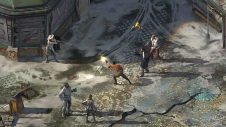 HD wallpaper from Disco Elysium showcasing characters in an intense scene with firearms drawn.