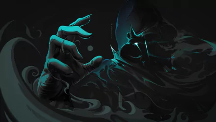 HD desktop wallpaper featuring Omen from the video game Valorant. Omen is shown with a dark, ethereal aesthetic, with his hand extended and shadowy, blue-tinted effects surrounding him.