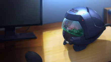 HD desktop wallpaper featuring a NerveGear helmet from Sword Art Online: Alicization - War of Underworld, displayed on a desk next to a computer screen.