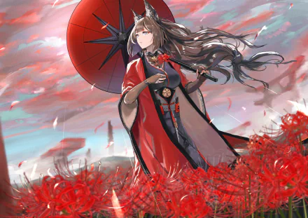 Anime HD desktop wallpaper featuring Amagi from Azur Lane. She stands in a field of red flowers, wearing a kimono and holding an umbrella. She has long hair, animal ears, and blue eyes.