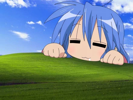A whimsical HD desktop wallpaper featuring an anime character from Lucky Star peeking over a vibrant green field under a bright blue sky, adding a playful touch to any screen.