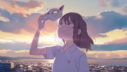 HD desktop wallpaper featuring Miyo Sasaki from Nakitai Watashi wa Neko wo Kaburu (A Whisker Away), an anime. She is holding a mask with a sunset and town in the background.