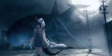 HD anime-style original desktop wallpaper featuring a girl with a shark tail standing in a dimly lit, foggy urban parking lot with a giant shark silhouette in the background.