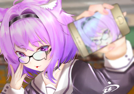 4K Ultra HD anime wallpaper of hololive’s Virtual YouTuber Nekomata Okayu with purple hair and glasses taking a selfie, blending vibrant colors and detailed character art.