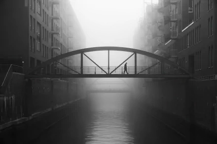 fog water river bridge photography Black & White HD Desktop Wallpaper | Background Image