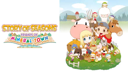 HD desktop wallpaper featuring characters and animals from Story of Seasons: Friends of Mineral Town.