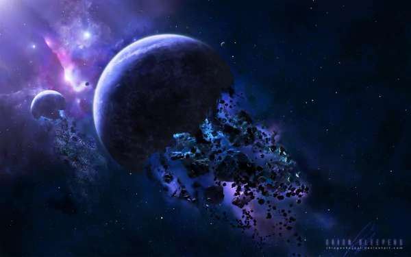 HD desktop wallpaper depicting a Sci-Fi scene of a planet disintegrating from an asteroid collision in a star-filled space.