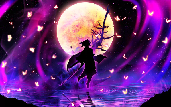 HD desktop wallpaper featuring Shinobu Kochou from Demon Slayer: Kimetsu no Yaiba, set against a vibrant moonlit backdrop with floating butterflies.