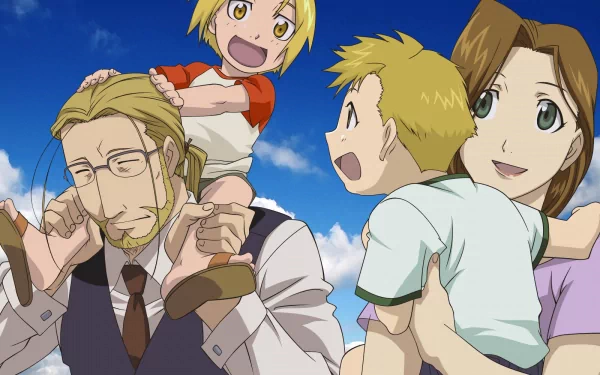 HD desktop wallpaper featuring Trisha Elric, Van Hohenheim, Alphonse Elric, and Edward Elric from the anime Fullmetal Alchemist against a blue sky background.