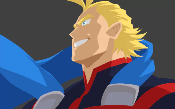 All Might (My Hero Academia) heroic profile with blazing grin and blue cape — 4K Ultra HD anime PC desktop wallpaper/background.