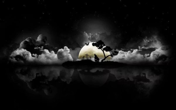 A serene dark landscape features a large moon surrounded by clouds, silhouetted trees, and a tranquil reflection, creating a captivating HD desktop wallpaper and background.