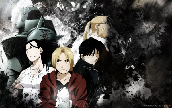 HD wallpaper featuring characters from Fullmetal Alchemist: Izumi Curtis, Van Hohenheim, Alphonse Elric, and Edward Elric, set against a dark, dynamic background.