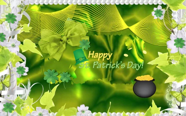 A vibrant HD wallpaper celebrating St. Patrick's Day, featuring green hues, shamrocks, a festive bow, and a pot of gold against a shimmering background. 