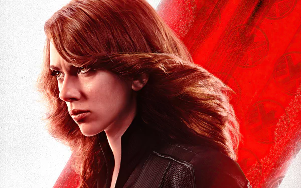 4K Ultra HD PC wallpaper featuring Scarlett Johansson as Natasha Romanoff from the movie Black Widow, with intense expression against a bold red background.