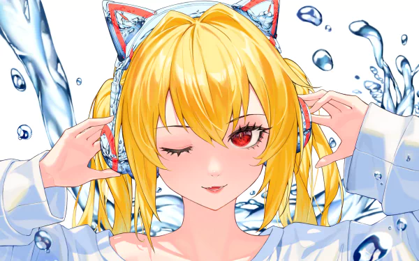 Anime-style blonde character with red eyes winking, wearing cat-ear headphones, surrounded by splashing water, featured as an HD PC desktop wallpaper background.
