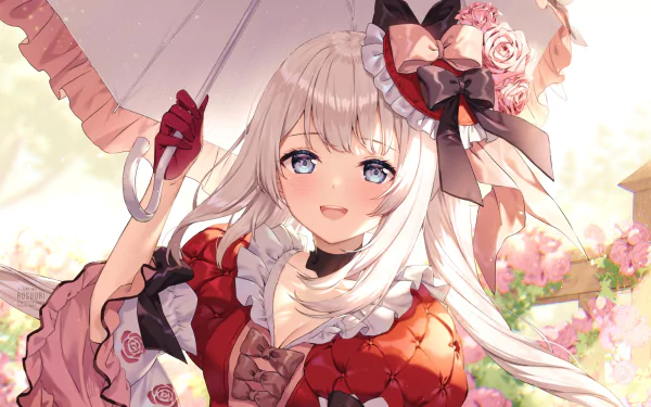 HD anime wallpaper of Marie Antoinette from Fate/Grand Order with long white hair, blue eyes, wearing an elegant red dress and holding a parasol amidst a floral background.
