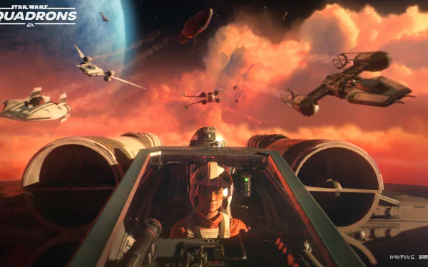 4K Ultra HD Star Wars: Squadrons PC wallpaper showing a space battle with starfighters flying near a planet under a fiery sky.