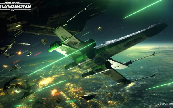 4K Ultra HD PC wallpaper featuring intense space combat from the Star Wars: Squadrons video game, showcasing starfighters in a dynamic battle scene.
