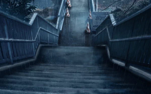 A desolate staircase descends through heavy rain, showcasing a man-made structure surrounded by shadows and blurred outlines, creating a moody atmosphere for an HD desktop wallpaper.