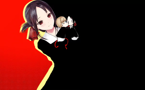 HD PC desktop wallpaper of Kaguya Shinomiya from the anime Kaguya-sama: Love is War, featuring her in a black outfit against a vibrant red background.
